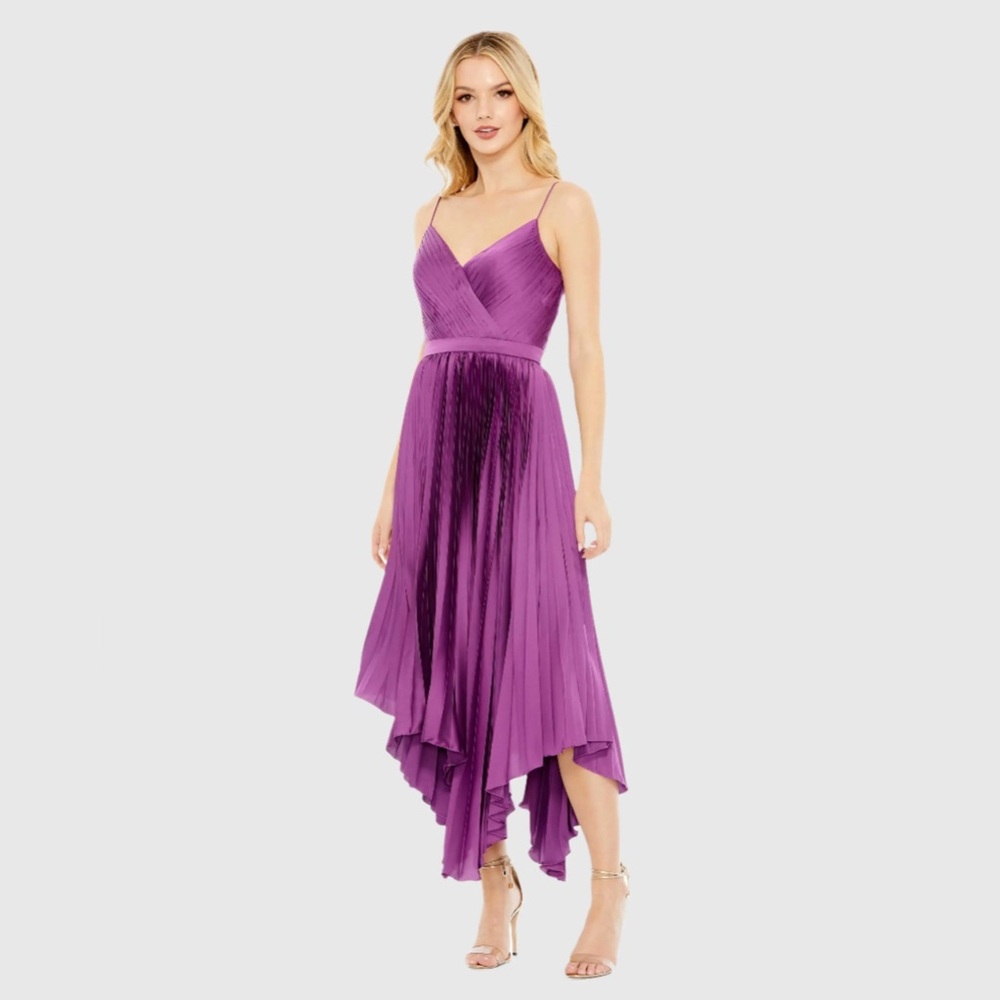 Purple Pleated Satin Flowy Midi Dress